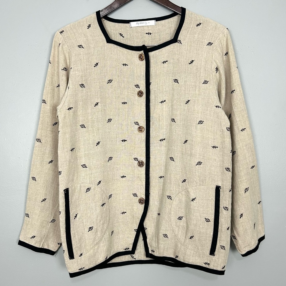 Aly Wear Embroidered Linen Jacket Women’s Size XS Button Front Pockets Lagenlook